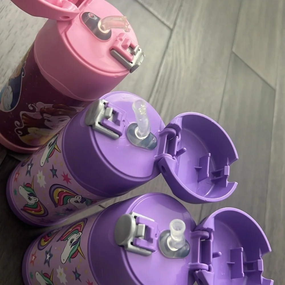 Thermos straw water cups unicorn and Disney princess set with kids portion plate